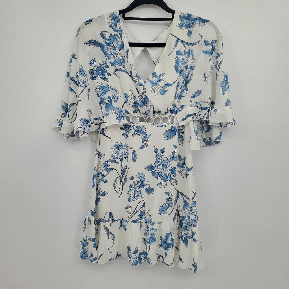 ♤♤Cape Sleeve Floral Chiffon Blue and White Women's V-Neck Dress Size Small